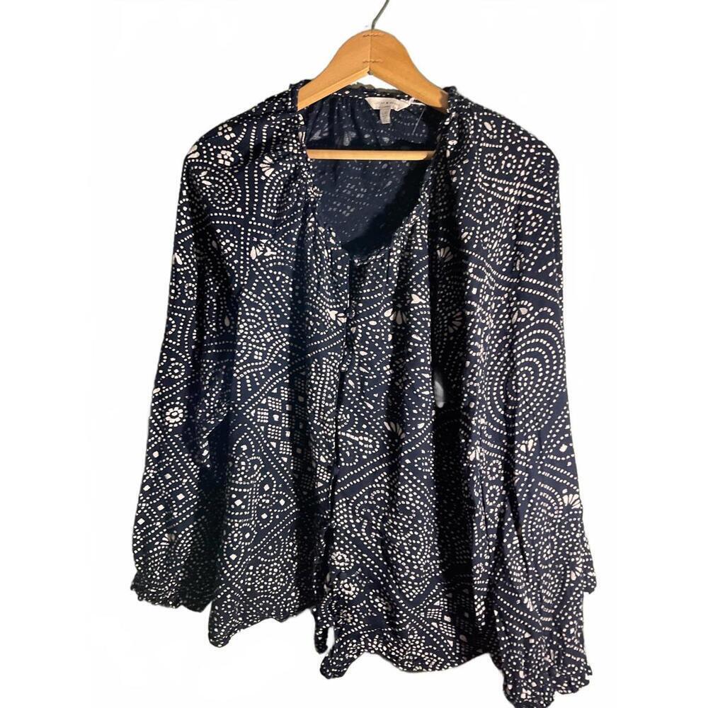 Lucky Brand Navy Blue and White  Boho Patterned Long Sleeve Blouse Large